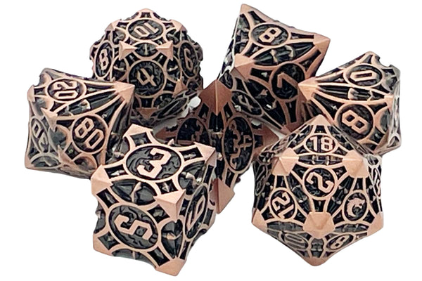 Old School 7 Piece DnD RPG Metal Dice Set: Gnome Forged - Ancient Bronze