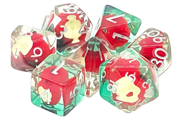 Old School 7 Piece DnD RPG Dice Set: Infused - An Apple a Day!