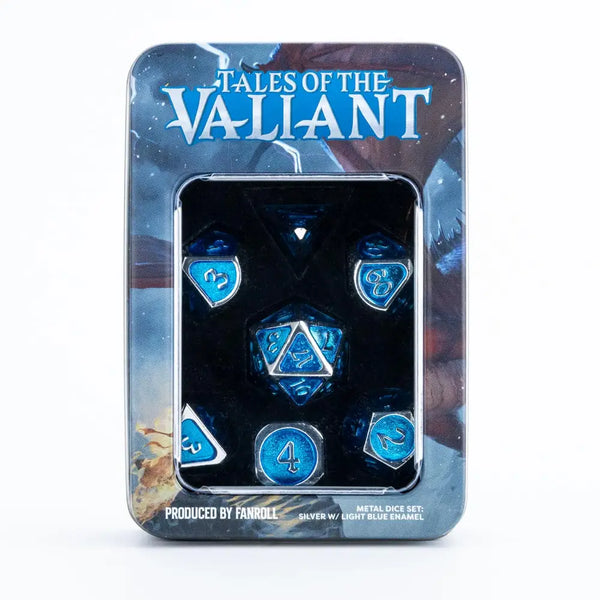 FanRoll: Tales of the Valiant Metal Dice Set: Silver w/ Blue Enamel
