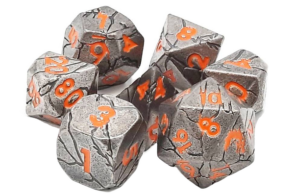 Old School 7 Piece DnD RPG Metal Dice Set: Orc Forged - Ancient Silver w/ Orange