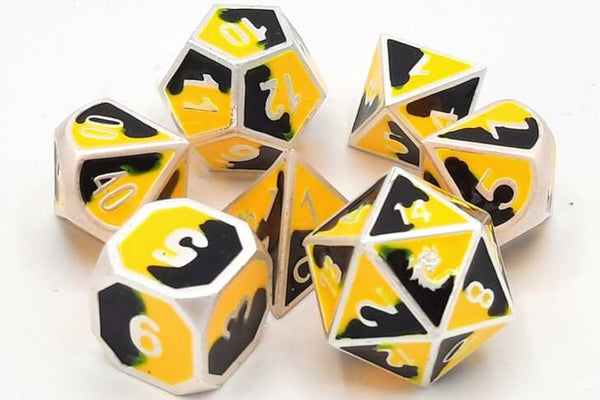 Old School 7 Piece DnD RPG Metal Dice Set: Dragon Forged - Platinum Black & Yellow