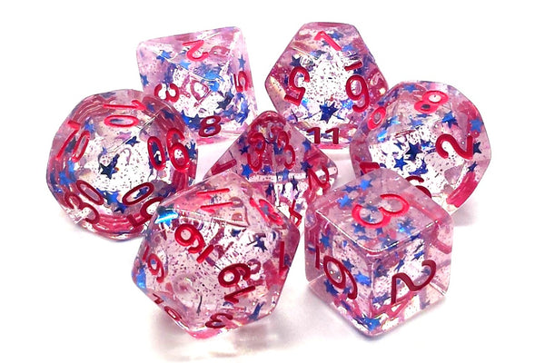 Old School 7 Piece DnD RPG Dice Set: Infused - Blue Stars w/ Red