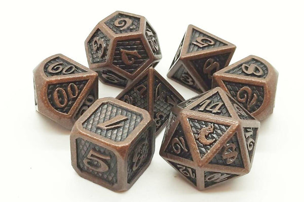 Old School 7 Piece DnD RPG Metal Dice Set: Dragon Scale - Ancient Bronze