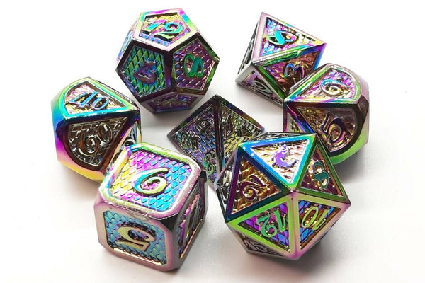 Old School 7 Piece DnD RPG Metal Dice Set: Dragon Scale - Spectral