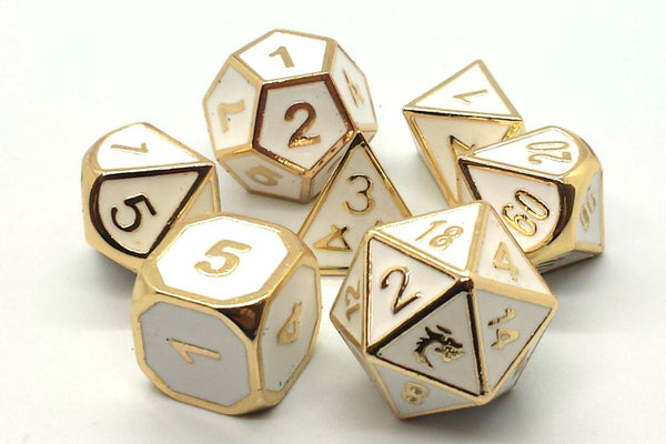 Old School 7 Piece DnD RPG Metal Dice Set: Elven Forged - White w/ Gold