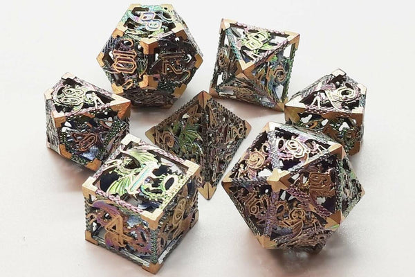 Old School 7 Piece DnD RPG Metal Dice Set: Hollow Dragon Dice - Spectral w/ Gold