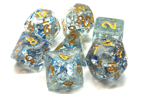 Old School 7 Piece DnD RPG Dice Set: Particles - Metallic Blue w/ Gold