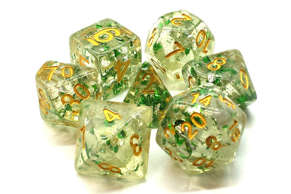 Old School 7 Piece DnD RPG Dice Set: Particles - Metallic Green w/ Gold